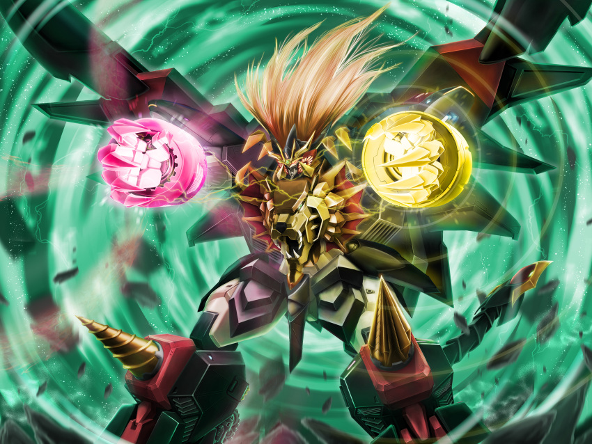 drill, electricity, floating_hair, genesic_gaogaigar, glowing, glowing_eyes, gundam710134, highres, mecha, open_hands, orange_hair, red_eyes, solo, super_robot, yuusha_ou_gaogaigar, yuusha_ou_gaogaigar_final, yuusha_series