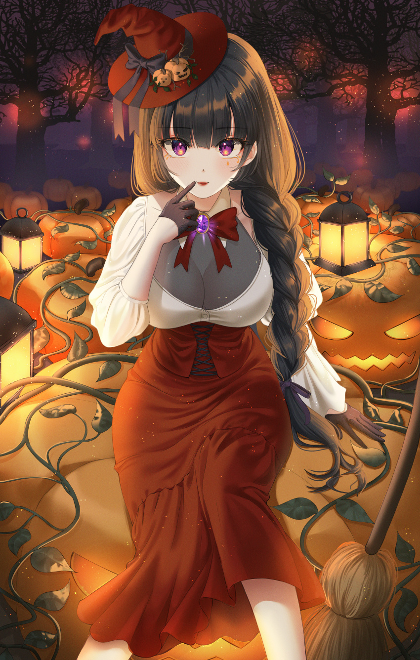 1girl, absurdres, bangs, black_gloves, blunt_bang, blush, braid, broom, collarbone, commentary_request, eyebrows, gloves, hair_over_shoulder, half_gloves, halloween, hat, highres, huge_filesize, jisu_lee, lamp, long_braid, long_hair, long_skirt, original, outdoors, pumpkin, red_dress, red_headwear, red_lips, red_skirt, shirt, sitting, skirt, smile, teardrop_tattoo, violet_eyes, witch_hat