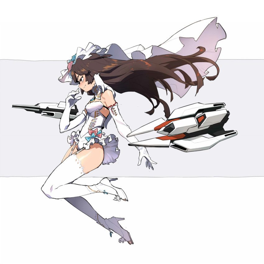1girl, black_hair, breasts, bridal_veil, elbow_gloves, floating, from_side, funnels
