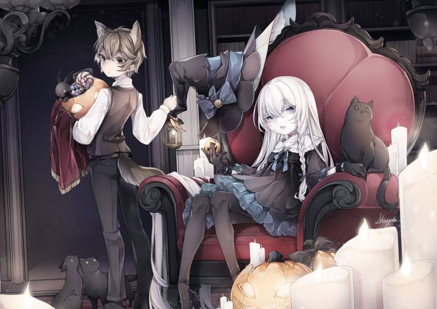 1boy, 1girl, animal_ears, antenna_hair, back, bangs, black_cat, black_dress