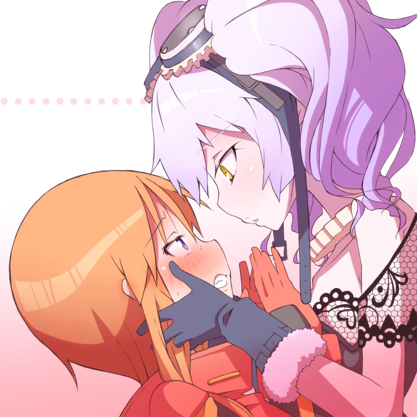 2girls, blush, goggles, goggles_on_head, grey_hair, gundam, gundam_zz, hands_up