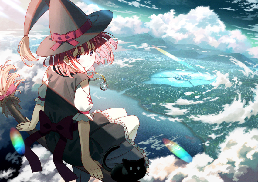 1girl, back, bangs, black_cat, black_dress, broom, broom_riding, cat
