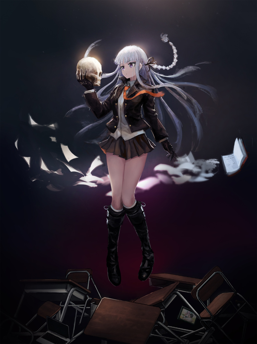 1girl, absurdres, black_eyes, black_footwear, black_gloves, black_jacket, black_ribbon, black_skirt