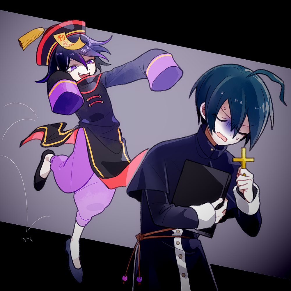 1202_koge, 2boys, ahoge, alternate_costume, bible, black_capelet, black_footwear, black_hair