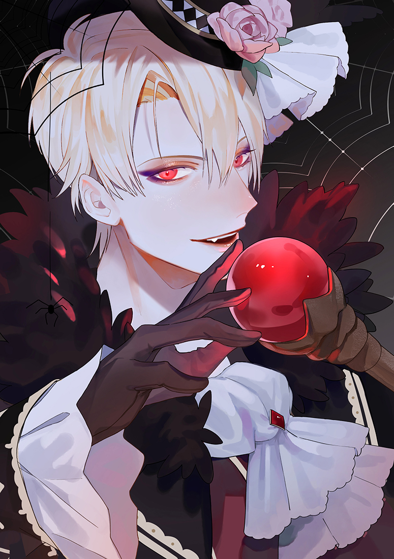 1boy, alternate_costume, black_gloves, blonde_hair, bug, butterfly39561, cravat, eyeshadow