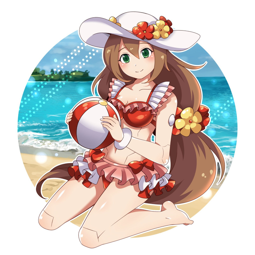 1girl, android, ball, beachball, bikini, blush, flower, frilled_bikini