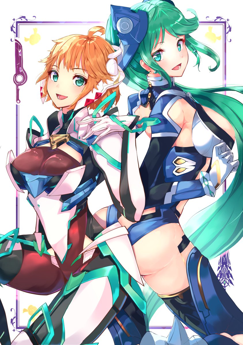 2girls, :d, ass, back-to-back, bangs, blonde_hair, breasts, cosplay, costume_switch, cowboy_shot, gloves, green_eyes, green_hair, halloween, highres, large_breasts, leotard, long_hair, long_ponytail, looking_at_viewer, mecha-fiora_(speed_armour), medium_breasts, monado, open_mouth, pneuma_(xenoblade), ponytail, risumi_(taka-fallcherryblossom), smile, swept_bangs, sword, thigh-highs, very_long_hair, weapon, xenoblade_chronicles, xenoblade_chronicles_(series), xenoblade_chronicles_2