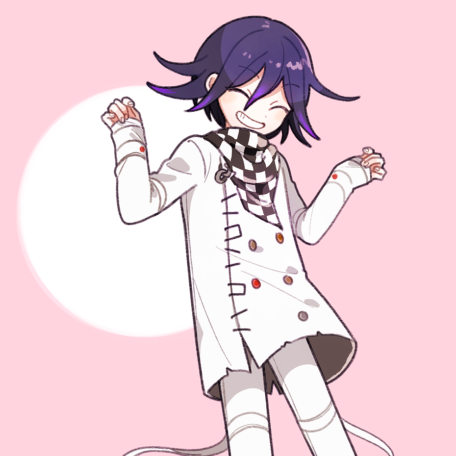 1202_koge, 1boy, ^_^, buttons, checkered, checkered_scarf, closed_eyes, colored_tips, commentary_request, dangan_ronpa, eyebrows_visible_through_hair, grin, hair_between_eyes, jacket, long_sleeves, male_focus, new_dangan_ronpa_v3, ouma_kokichi, pants, pink_background, purple_hair, scarf, shiny, shiny_hair, simple_background, sleeves_past_wrists, smile, solo, white_jacket, white_pants