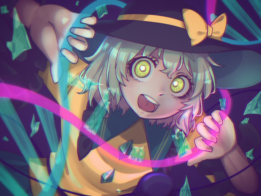 1girl, absurdres, arms_up, bangs, black_headwear, bow, broken, chromatic_aberration, collared_shirt, commentary_request, crazy_eyes, dna, dna_strand, dutch_angle, eyeball, frilled_shirt_collar, frilled_sleeves, frills, glowing, green_eyes, green_hair, green_skirt, hat, hat_bow, highres, holding, komeiji_koishi, long_sleeves, looking_at_viewer, one_eye_closed, open_mouth, partial_commentary, satsuki_mei_(17maymay14), shards, shirt, short_hair, sidelocks, skirt, solo, spell_card, string, third_eye, touhou, upper_teeth, wide-eyed, wide_sleeves, yellow_bow, yellow_eyes, yellow_shirt