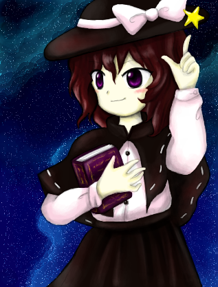 black_skirt, book, brown_hair, capelet, fedora, finger_gun, hat, hat_ribbon