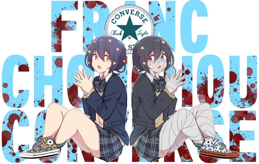 2girls, absurdres, back-to-back, background_text, bandages, bangs, black_jacket, black_neckwear