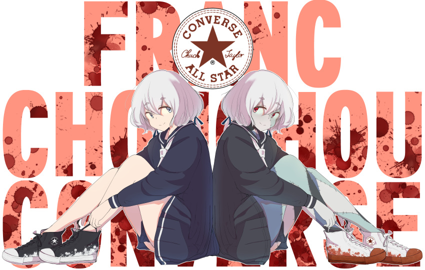 2girls, absurdres, back-to-back, background_text, bangs, black_blouse, black_footwear, black_ribbon
