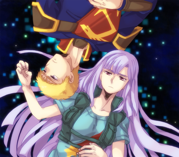 1boy, 1girl, agedo_ufu, blonde_hair, brown_hair, epaulettes, glemy_toto, gundam