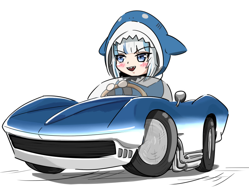 1girl, absurdres, animal_hood, bangs, blush, car, chevrolet, chevrolet_xp-755_mako_shark, chibi, driving, gawr_gura, ground_vehicle, highres, hololive, hololive_english, hood, motor_vehicle, n13, open_mouth, shark_hood, sharp_teeth, solo, teeth, vehicle_focus, virtual_youtuber, white_hair