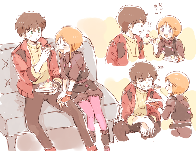 1boy, 1girl, boots, brown_hair, cake, eating, elpeo_puru, feeding