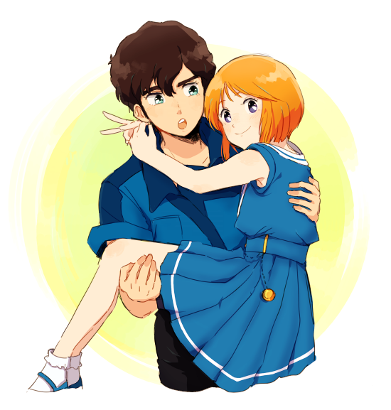 1boy, 1girl, alternate_costume, brown_hair, carrying, dress, elpeo_puru, green_eyes