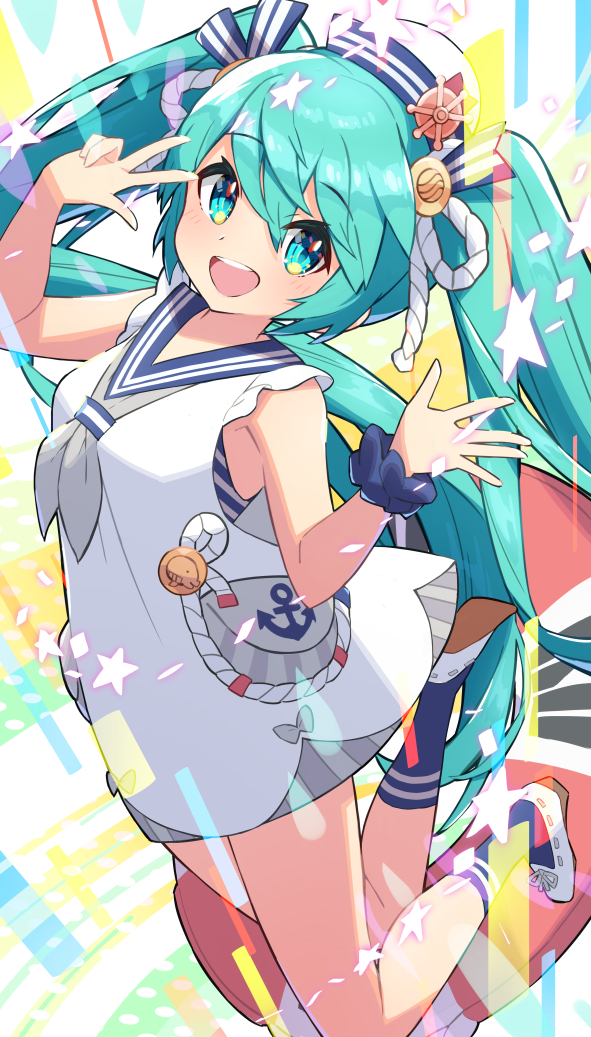 1girl, alternate_costume, dress, gotounoriji, hatsune_miku, jumping, open_hand, open_mouth