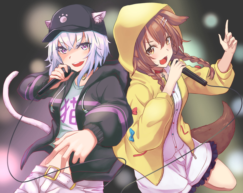 2girls, animal_ears, baseball_cap, blush, cat_girl, cat_tail, cowboy_shot, dog_ears