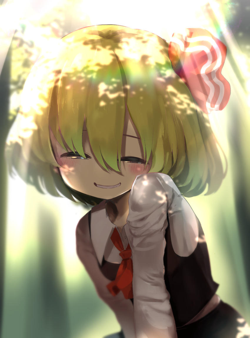 1girl, ascot, bangs, black_vest, blonde_hair, blush, buttons, collared_shirt, dappled_sunlight, dress_shirt, eyebrows_behind_hair, gomeifuku, grin, half-closed_eyes, highres, light_rays, long_sleeves, no_nose, red_eyes, red_neckwear, rumia, shirt, short_hair, smile, solo, sunbeam, sunlight, teeth, touhou, vest, white_shirt