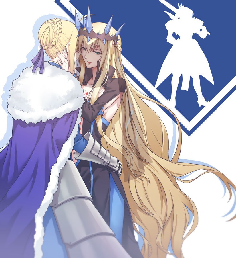 3girls, armor, armored_dress, arms_around_waist, artoria_pendragon_(all), artoria_pendragon_(lancer), black_dress, blonde_hair, blue_trim, braid, cape, covered_eyes, crown, detached_sleeves, dress, fate/grand_order, fate_(series), french_braid, fur-trimmed_cape, fur_trim, gauntlets, green_eyes, hair_ribbon, hands_on_another's_cheeks, hands_on_another's_face, holding, holding_sword, holding_weapon, long_hair, mordred_(fate)_(all), morgan_le_fay_(fate), multiple_girls, over_shoulder, parent_and_child, ribbon, sidelocks, silhouette, spikes, sword, sword_over_shoulder, very_long_hair, weapon, weapon_over_shoulder, white_background, yohchi_2019, yuri