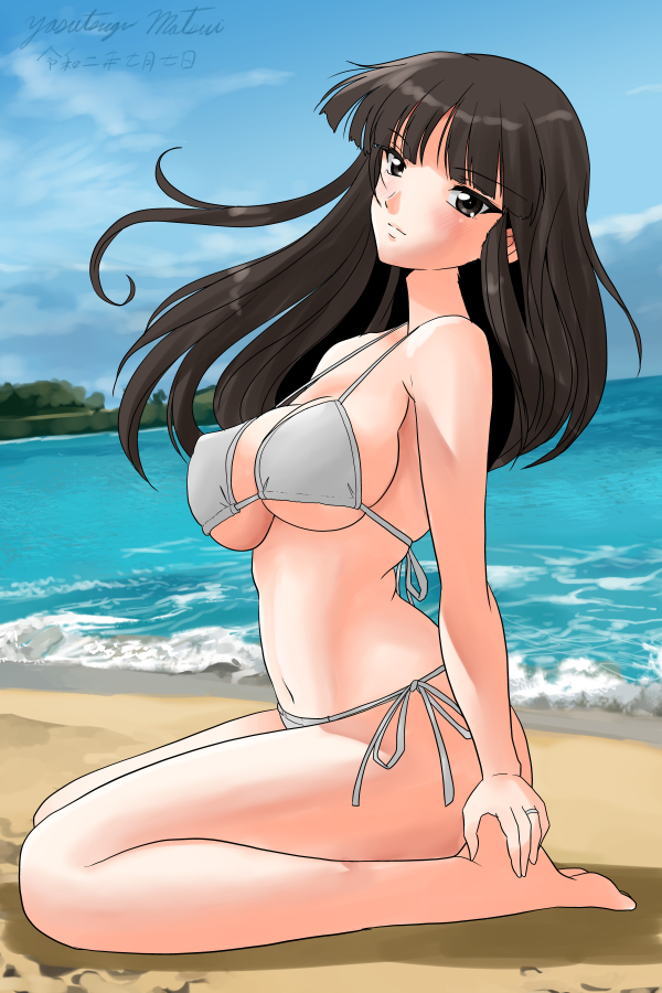 1girl, artist_name, bangs, barefoot, beach, bikini, black_eyes, black_hair