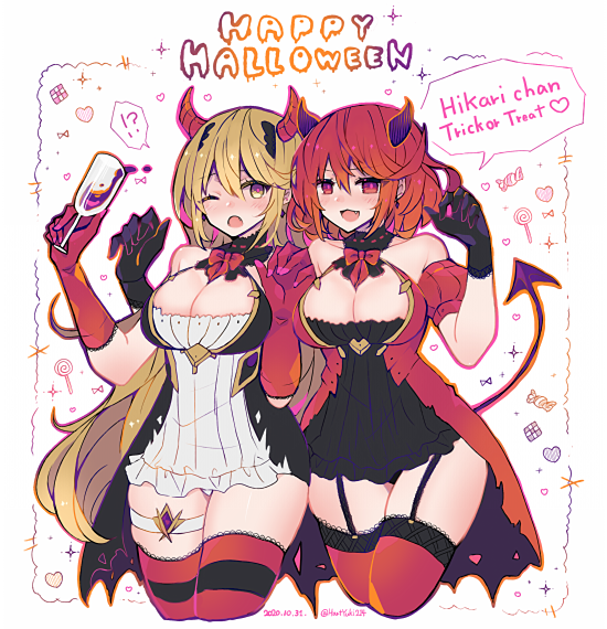 2girls, blonde_hair, breasts, demon_girl, demon_tail, halloween, haruto_yuki, horns