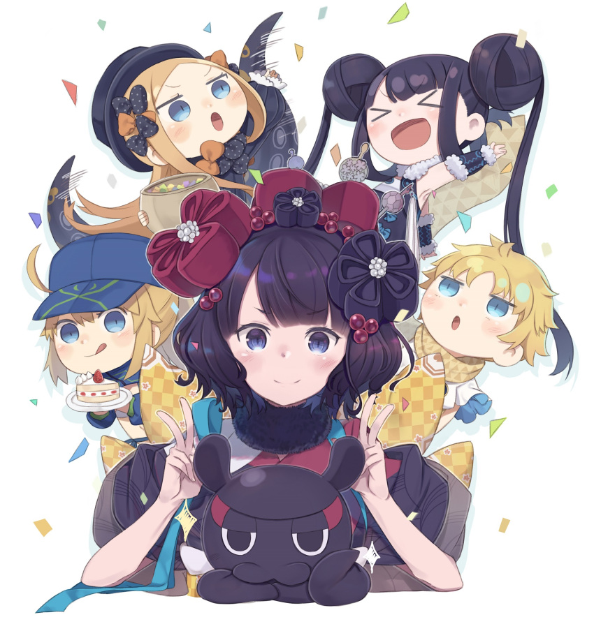 >_<, 1boy, 4girls, :d, :q, abigail_williams_(fate/grand_order), animal, arm_up