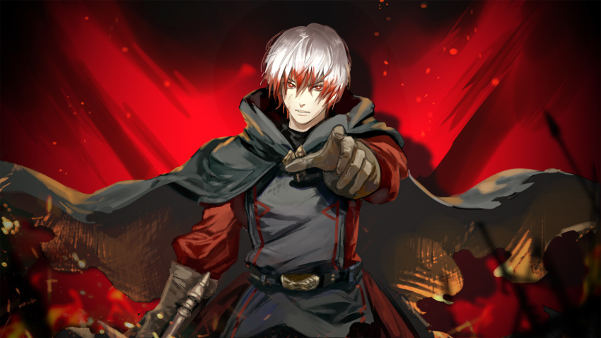 1boy, achyue, belt, brown_gloves, burnt, burnt_clothes, cape, embers, eyebrows_visible_through_hair, ezel_the_king_of_fire_and_iron, fire, gloves, grey_cape, highres, holding, holding_sword, holding_weapon, male_focus, multicolored, multicolored_hair, parted_lips, pixiv_fantasia, pixiv_fantasia_last_saga, pointing, pointing_at_viewer, red_eyes, redhead, solo, sword, weapon, white_hair