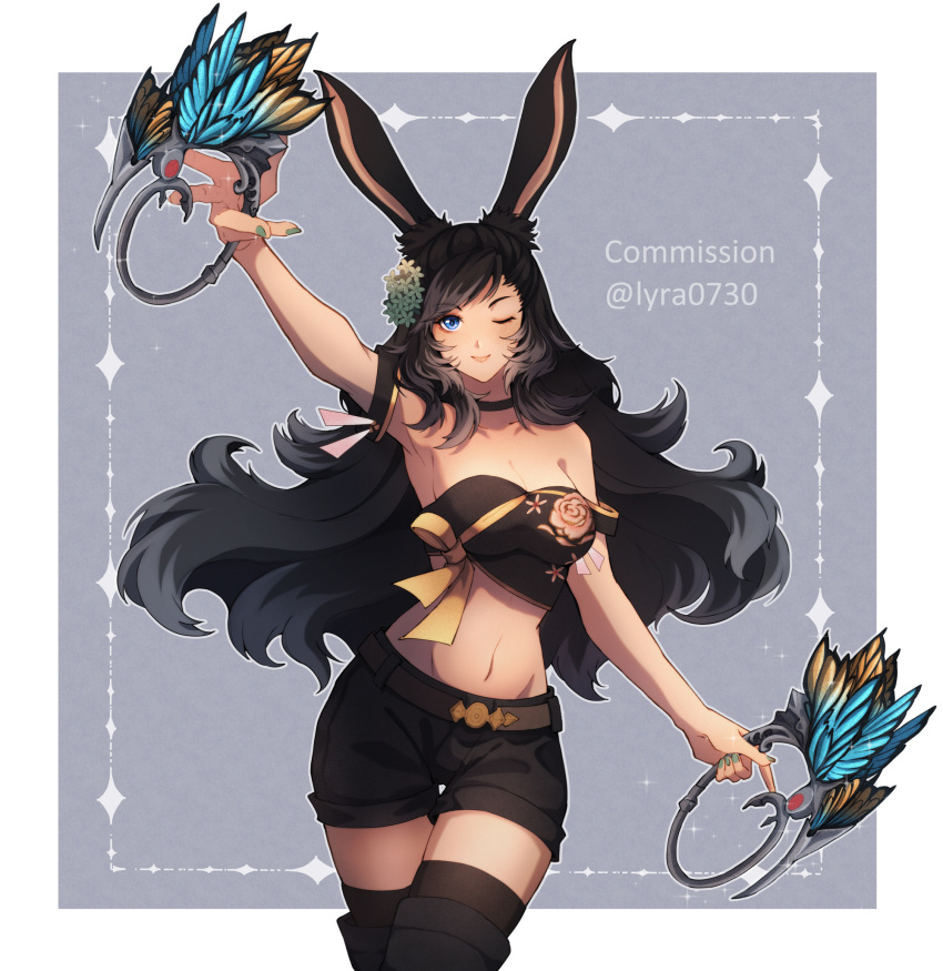 1girl, animal_ears, arm_up, bandeau, bangs, bare_shoulders, belt, black_hair