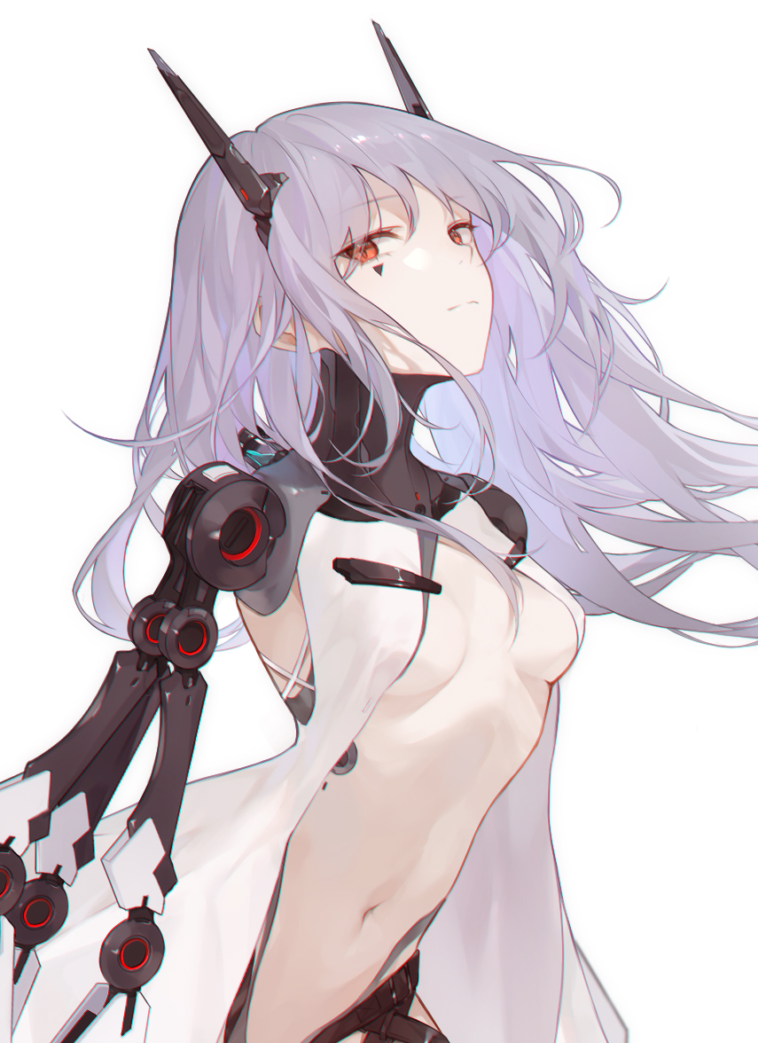 1girl, android, breasts, cropped, english_commentary, expressionless, eyebrows_visible_through_hair, facial_mark