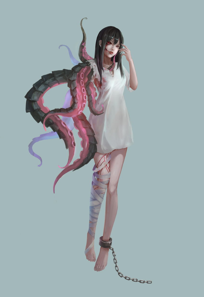 1girl, absurdres, bandaged_leg, bandages, barefoot, black_hair, blood, blue_pupils