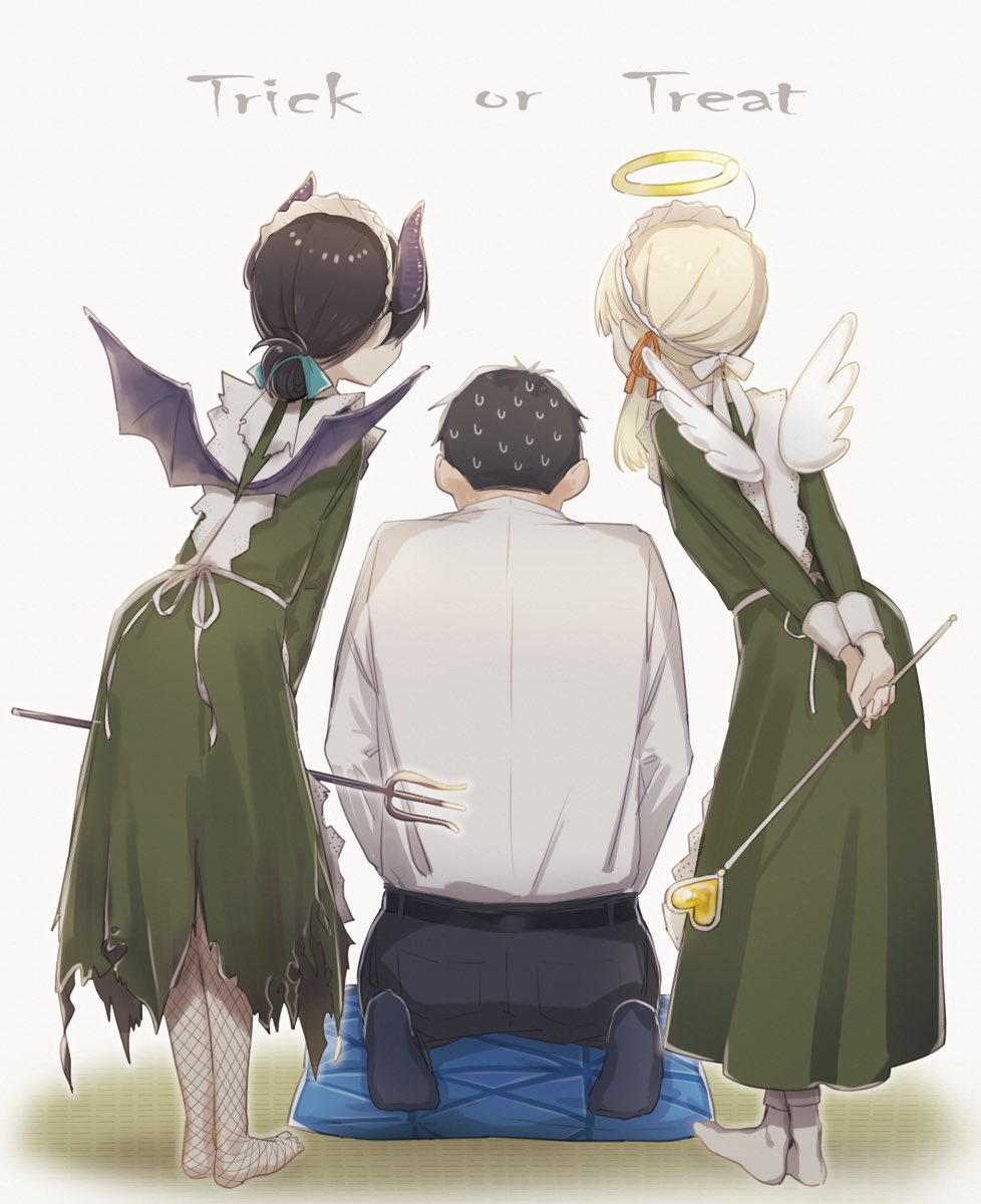 1boy, 2girls, admiral_(kantai_collection), alternate_costume, angel_and_devil, angel_wings, apron, arms_behind_back