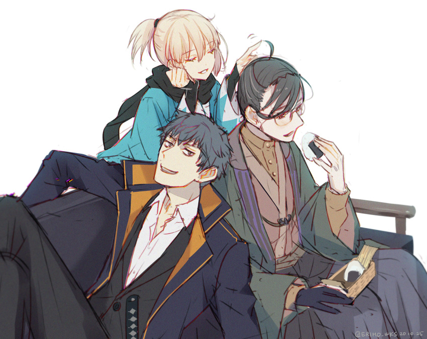 1girl, 2boys, ahoge, bangs, black_gloves, black_hair, black_jacket, black_pants