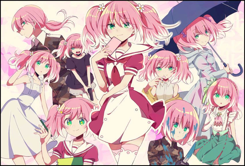 +_+, camouflage, daisy, flower, green_eyes, gun, hair_flower, hair_ornament, handgun, hiiragi_nana, knife, military, military_uniform, multicolored_hair, munou_na_nana, pink_hair, pistol, raincoat, school_uniform, thigh-highs, twintails, two-tone_hair, umbrella, uniform, weapon, yukisa