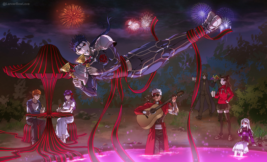 3girls, 4boys, archer, bell, black_hair, blood, brown_hair, bush, cu_chulainn_(fate)_(all), drink, drinking, drinking_straw, emiya_shirou, fate/stay_night, fate_(series), fireworks, food, fruit, guitar, heaven's_feel, highres, illyasviel_von_einzbern, instrument, kim_yura_(goddess_mechanic), kotomine_kirei, lancer, matou_sakura, multiple_boys, multiple_girls, orange_hair, parody, patio_umbrella, pool, poolside, purple_hair, shadow_(fate/stay_night), signature, smile, sparkle, sunglasses, table, tohsaka_rin, twitter_username, white_hair