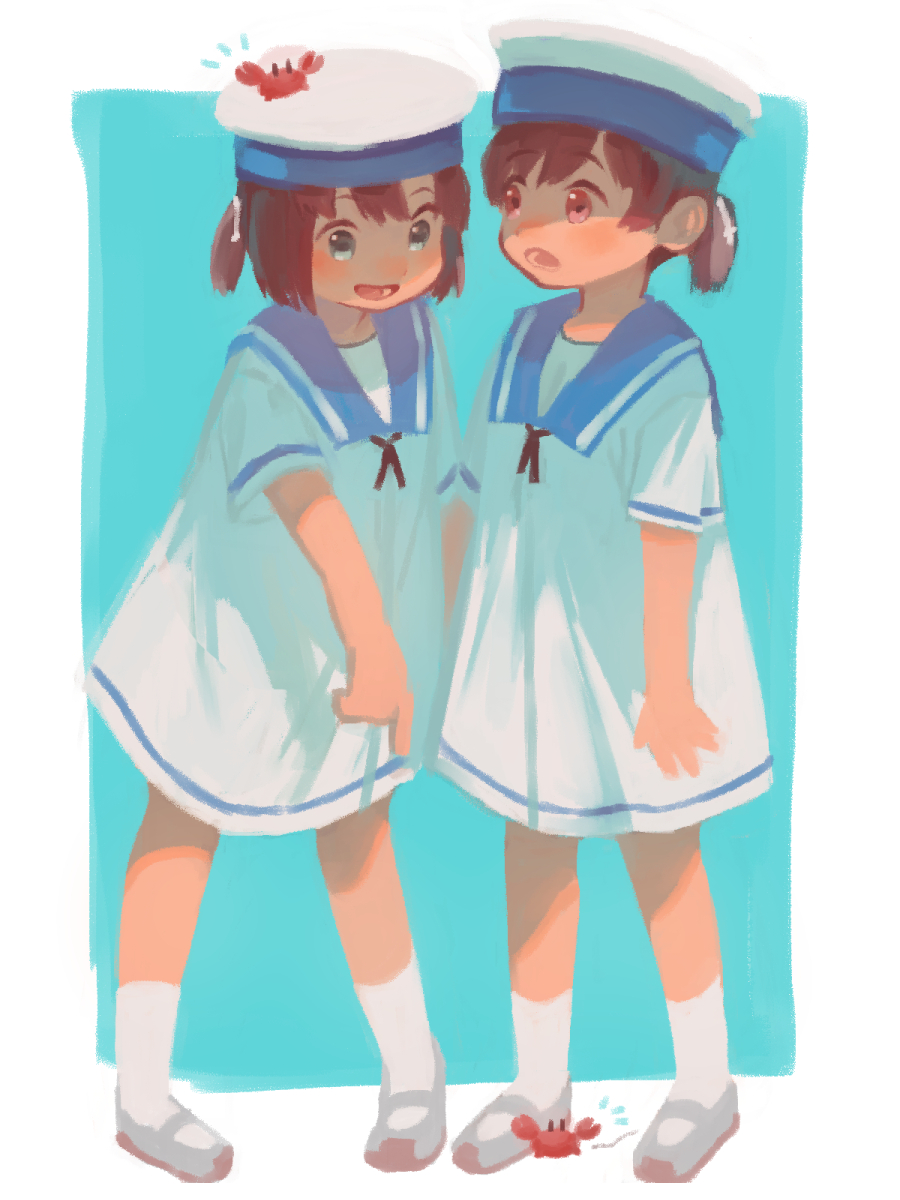 2girls, blue_eyes, blue_sailor_collar, brown_hair, crab, crab_on_head, daitou_(kantai_collection), dress
