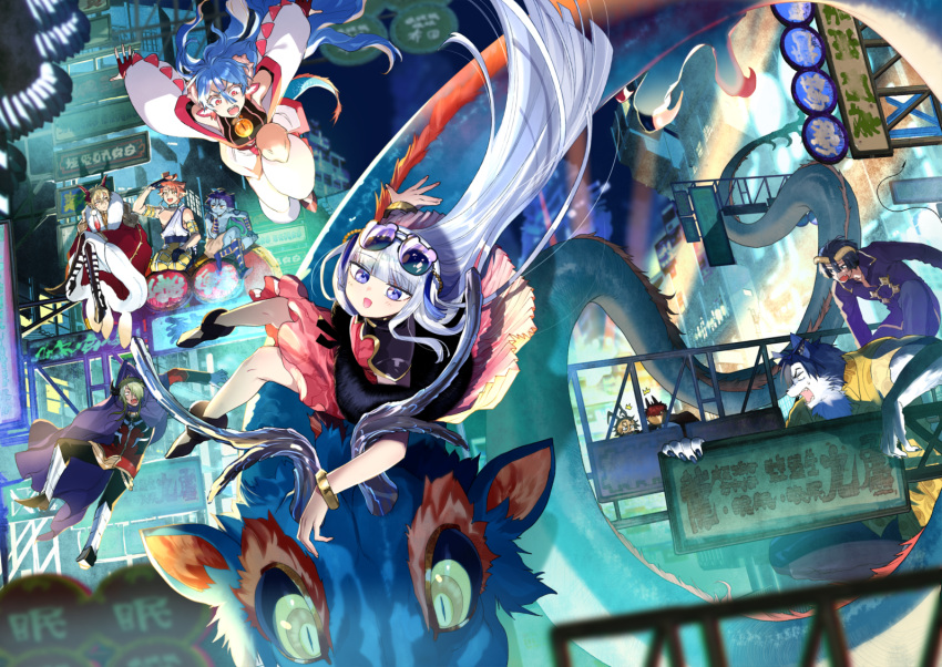 /\/\/\, 2girls, 6+boys, :d, alternate_costume, animal_ears, arm_support, arm_up