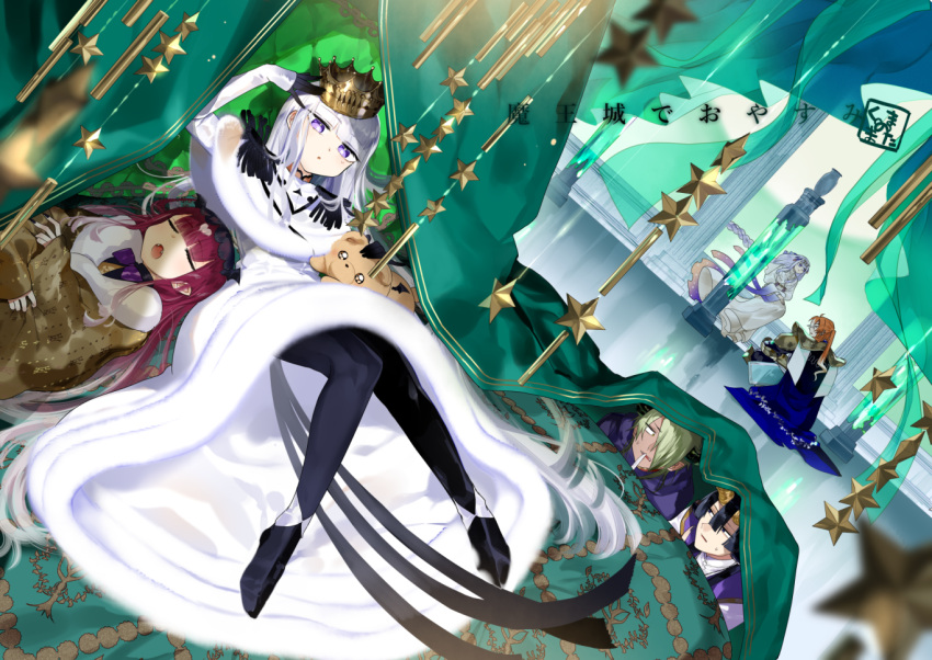 3boys, 3girls, adjusting_clothes, adjusting_headwear, ahoge, alternate_costume, arm_up, armor