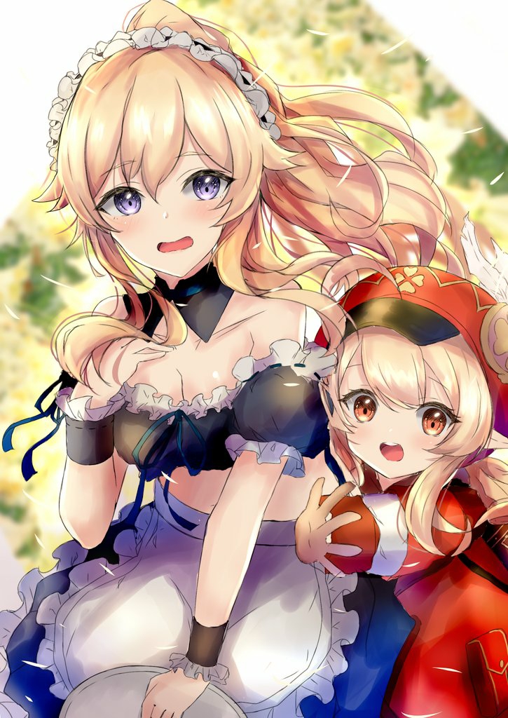2girls, apron, blonde_hair, blue_eyes, embarrassed, genshin_impact, hand_on_own_chest, hat