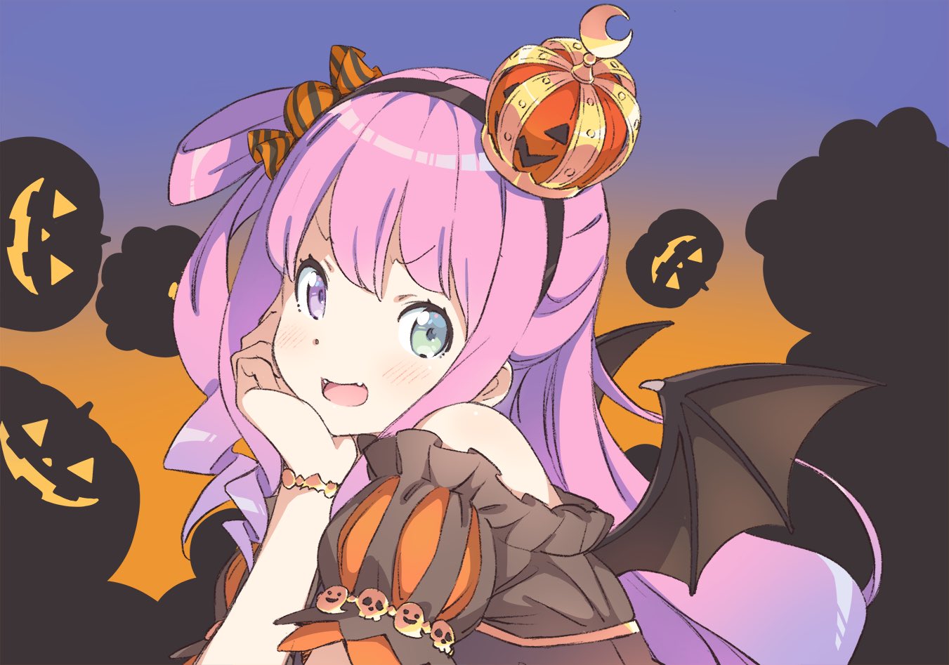 1girl, alternate_costume, bat_wings, blush, crown, fang, halloween_costume, hand_on_own_cheek, headband, heterochromia, himemori_luna, hololive, kanzaki_hiro, long_hair, looking_at_viewer, open_mouth, pink_hair, portrait, pumpkin_background, solo, wings