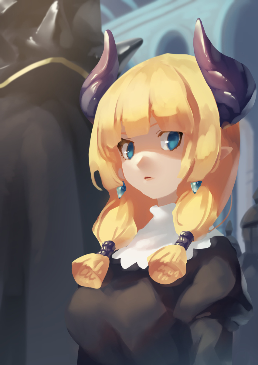 1girl, absurdres, bangs, black_dress, blonde_hair, blue_eyes, blunt_bangs, blunt_ends