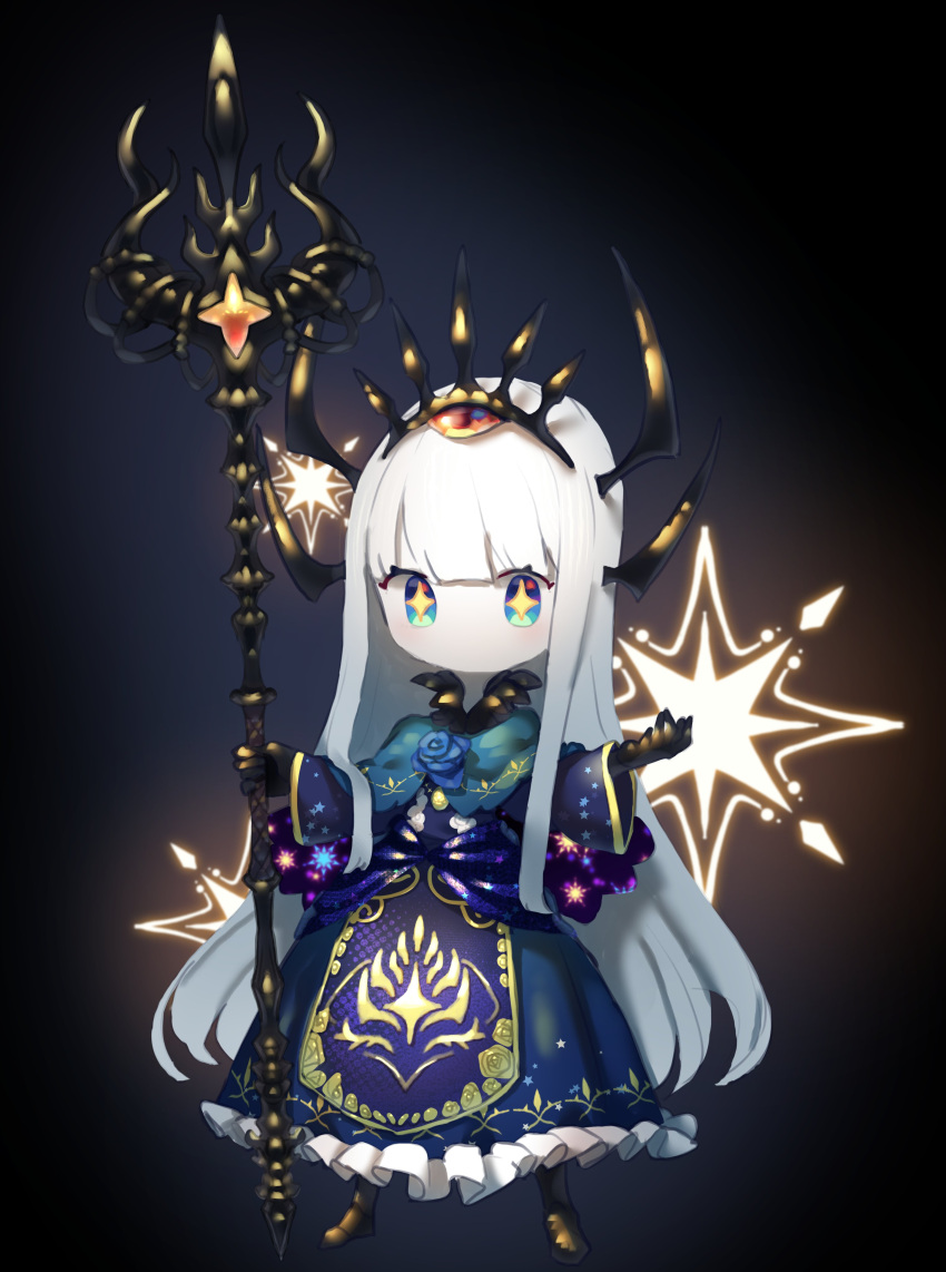 +_+, 1girl, absurdres, blue_capelet, blue_eyes, blue_flower, blue_rose, capelet, crown, dress, flower, full_body, hands_up, highres, holding, holding_staff, horns, long_hair, long_sleeves, looking_at_viewer, mana_matitia_(okame_nin), no_mouth, okame_nin, original, purple_dress, rose, solo, staff, standing, very_long_hair, white_hair, white_skin