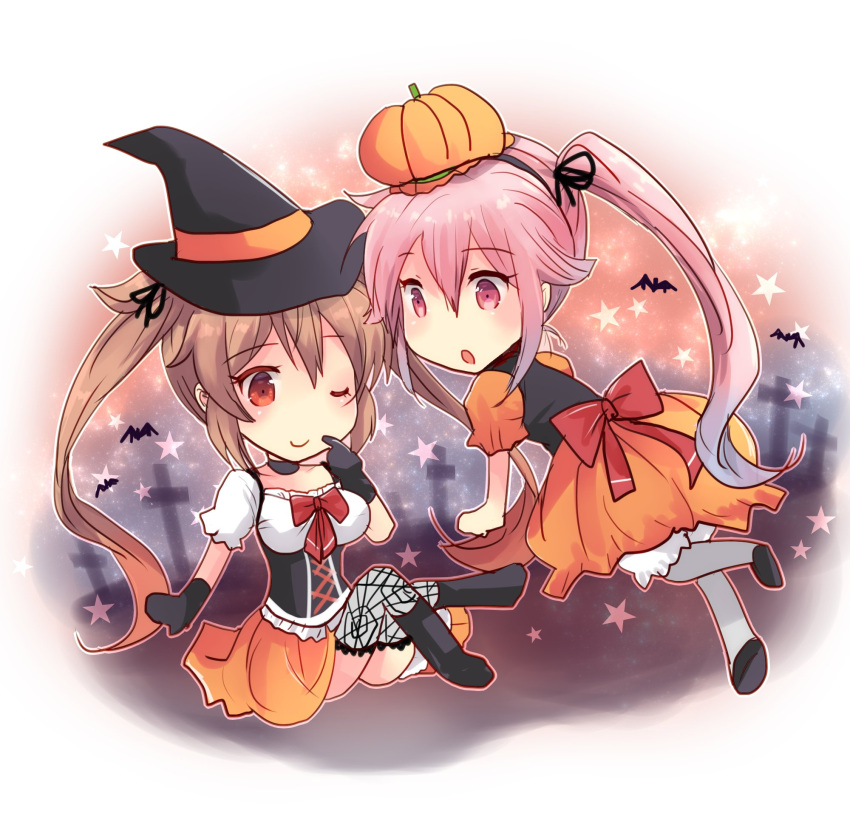 2girls, bad_anatomy, bad_feet, bat, black_gloves, black_headwear, black_ribbon, brown_eyes