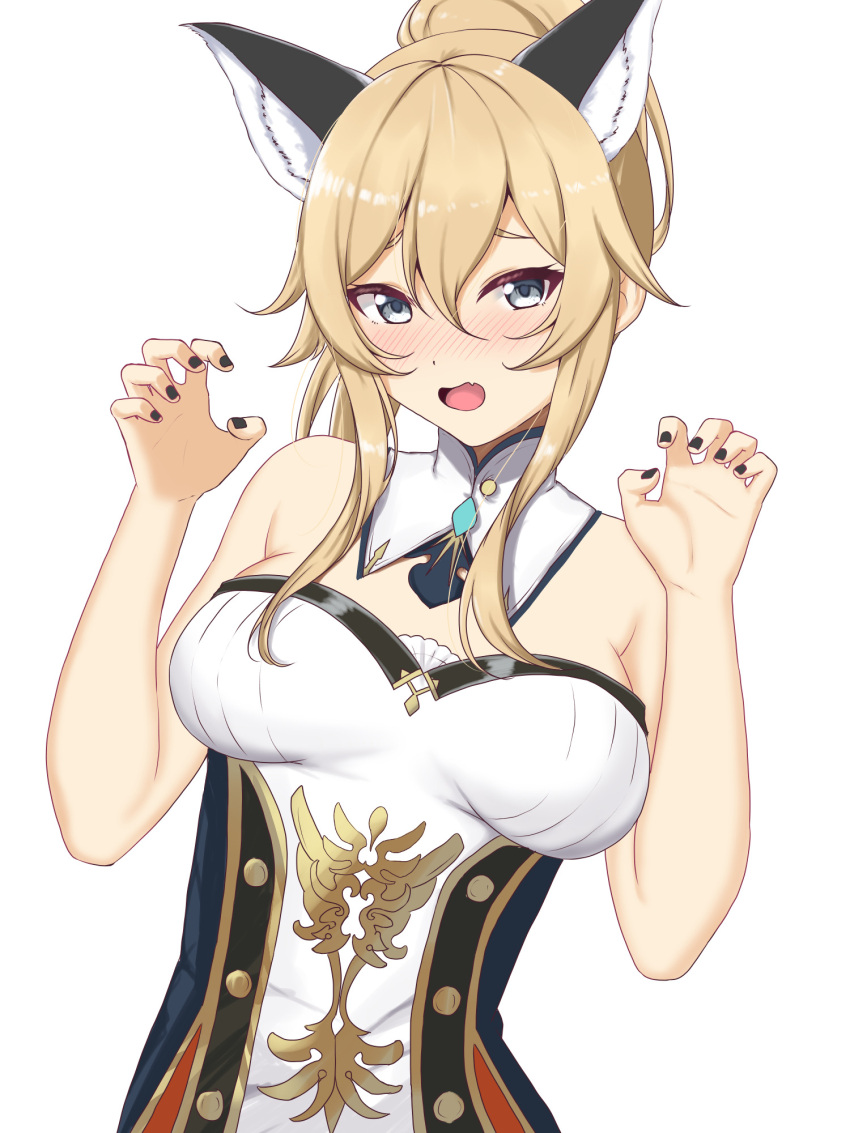 1girl, animal_ears, bare_shoulders, blue_eyes, blush, bow, breasts, cat_ears, embarrassed, fang, genshin_impact, hair_bow, halloween, happy_halloween, highres, jean_(genshin_impact), looking_at_viewer, n61nor, nail_polish, paw_pose, ponytail, simple_background, sleeveless, solo, strapless, white_background