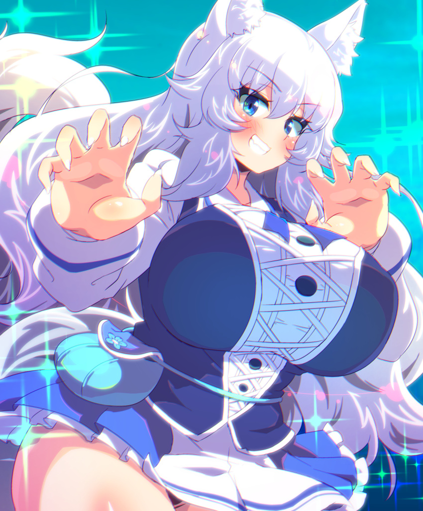 1girl, animal_ear_fluff, animal_ears, blue_eyes, borrowed_character, breasts, claw_pose, fingernails