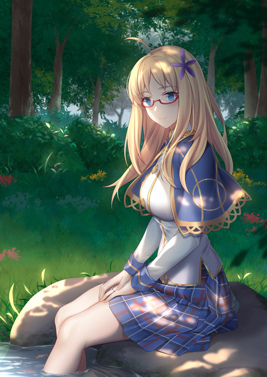 1girl, ahoge, blonde_hair, blue_capelet, blue_skirt, breasts, capelet, dappled_sunlight