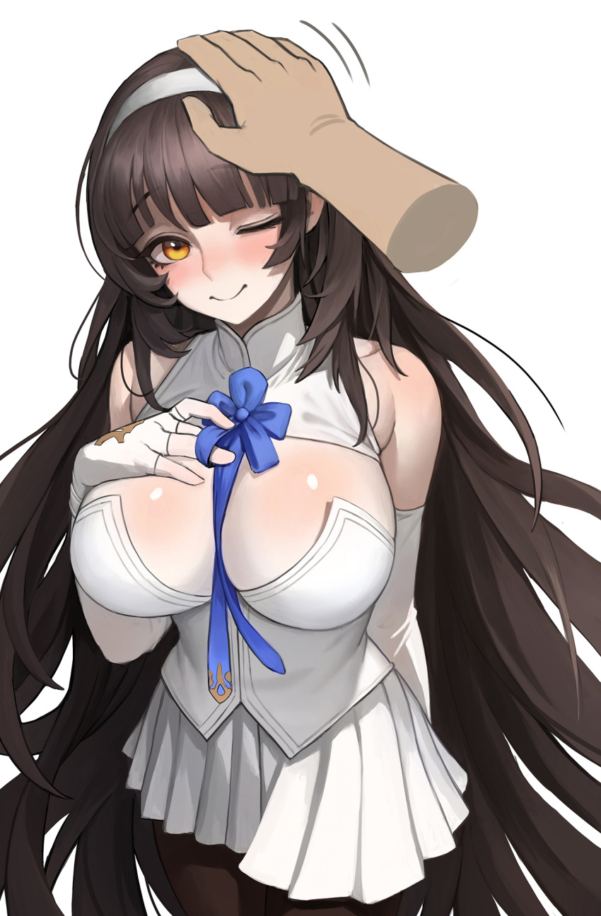 1girl, bangs, between_breasts, black_hair, black_legwear, blunt_bangs, blush, breasts