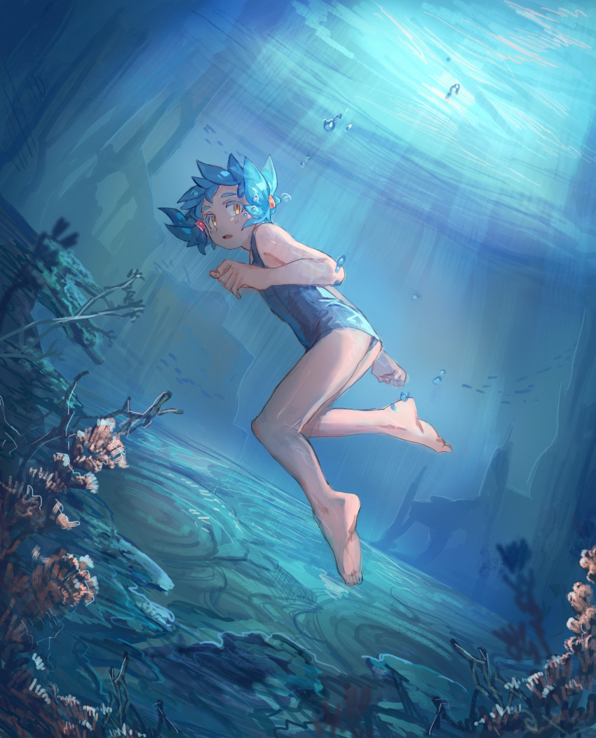 1girl, afloat, akari_(shichigatsu), bare_arms, bare_legs, bare_shoulders, blue_hair, blue_swimsuit