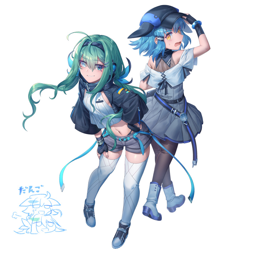 2girls, absurdres, ahoge, akari_(shichigatsu), ankle_boots, back-to-back, bare_shoulders, black_gloves