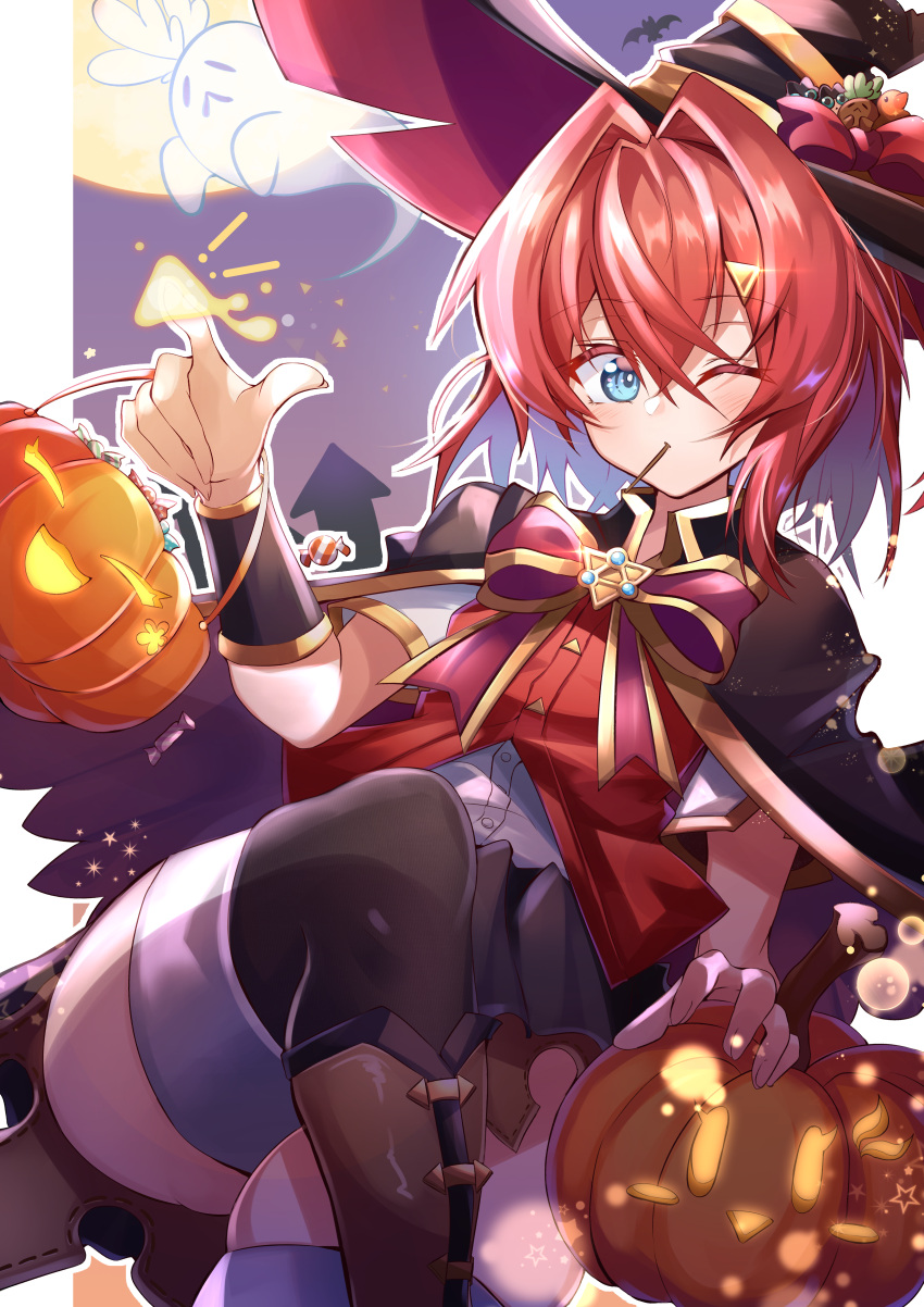1girl, absurdres, ange_katrina, blue_eyes, food, ghost, halloween, hat
